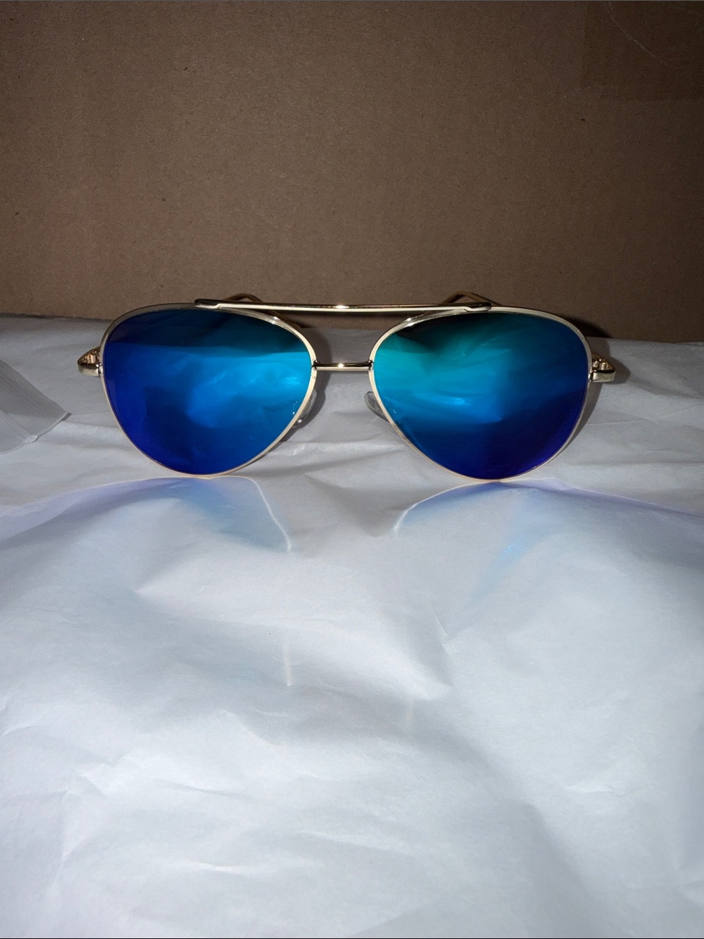Gold-Frame Aviator Sunglasses with Blue Lenses